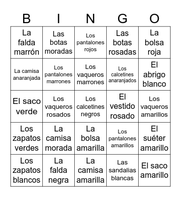 Colores y La Ropa (words) Bingo Card