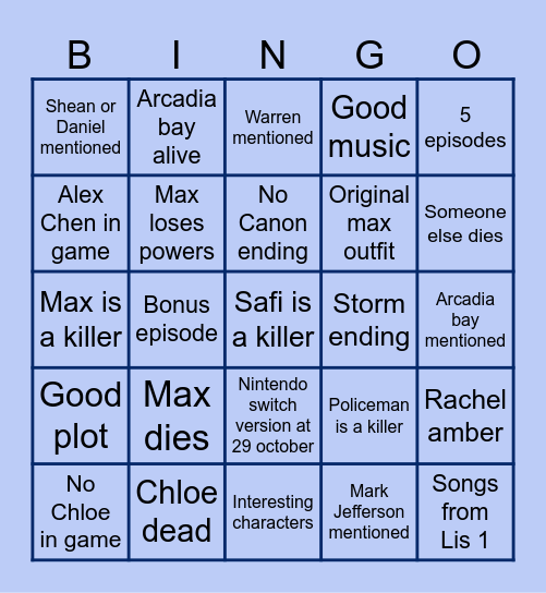 Life is strange Double exposure Bingo Card