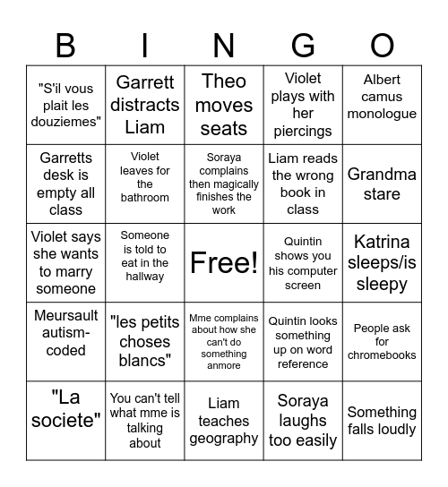 French Class Bingo Card