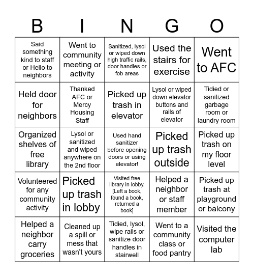 Gardner House Community Bingo Card