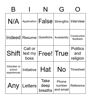 Work Readiness Bingo Card