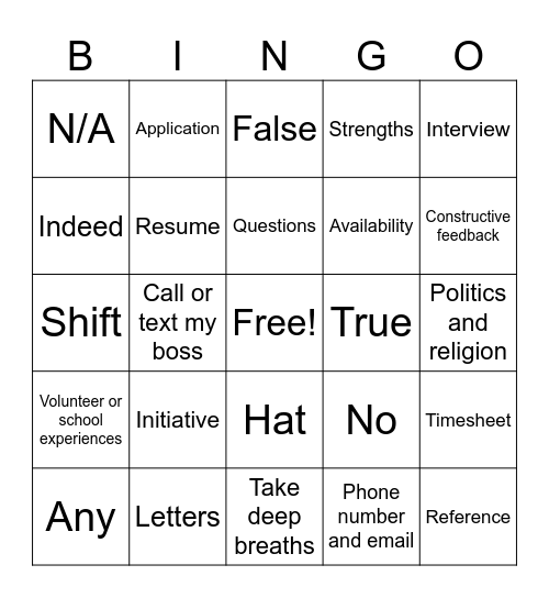 Work Readiness Bingo Card