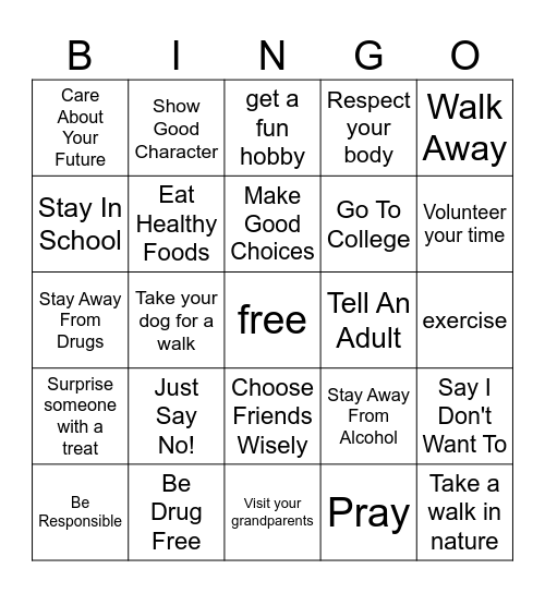 Drug Free Bingo Card