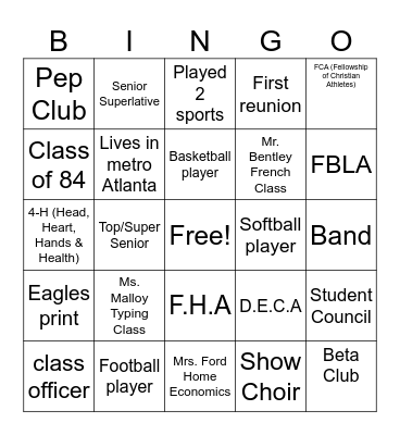 TCHS 40 year Reunion Bingo Card