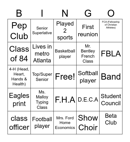 TCHS 40 year Reunion Bingo Card