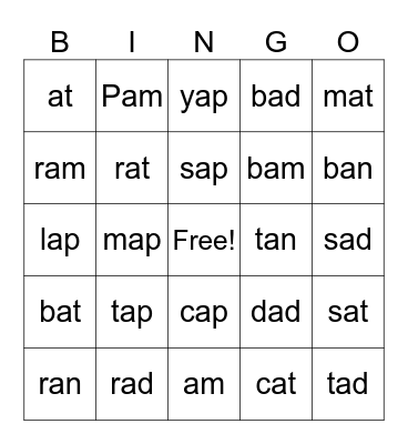 WORD FAMILY BINGO Card