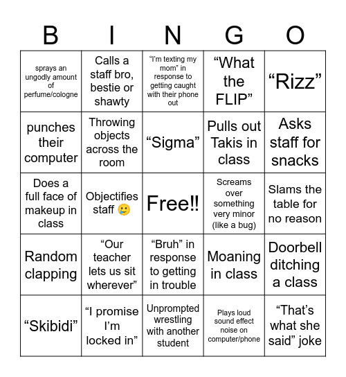 Middle schooler bingo Card