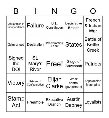 American Revolution Bingo Card