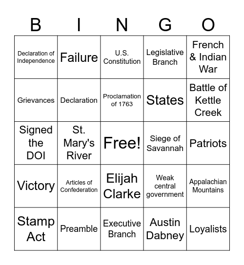 American Revolution Bingo Card