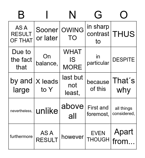 LINKING WORDS Bingo Card