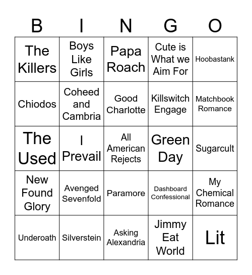 Music Bingo EMO Bingo Card