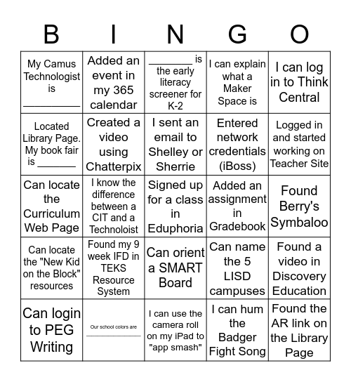 New Teacher Bingo Card