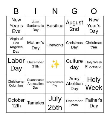 National Holidays Bingo Card