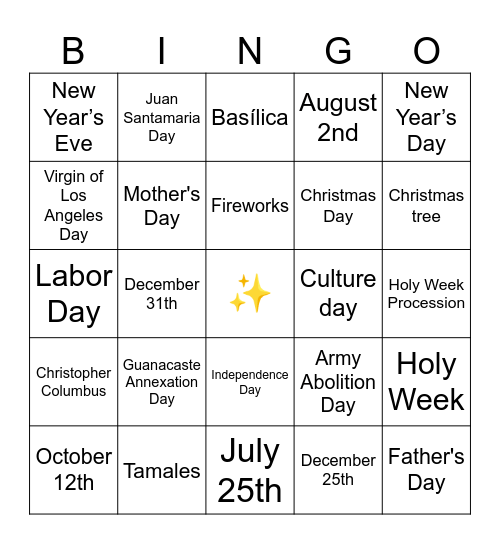 National Holidays Bingo Card