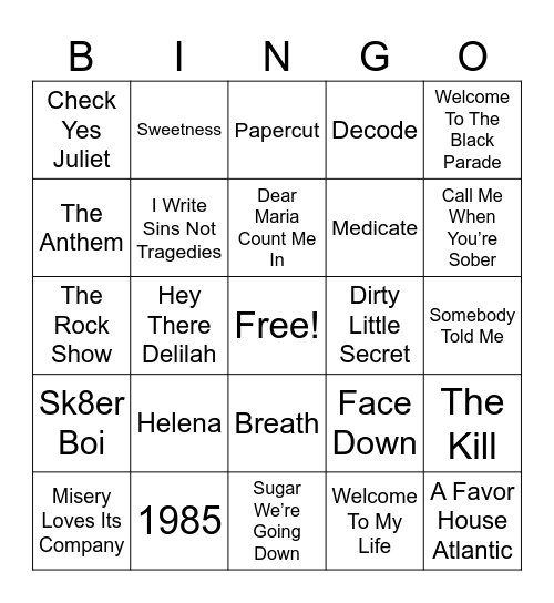 Not A Phase Emo Bingo Card