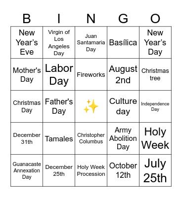 National Holidays Bingo Card