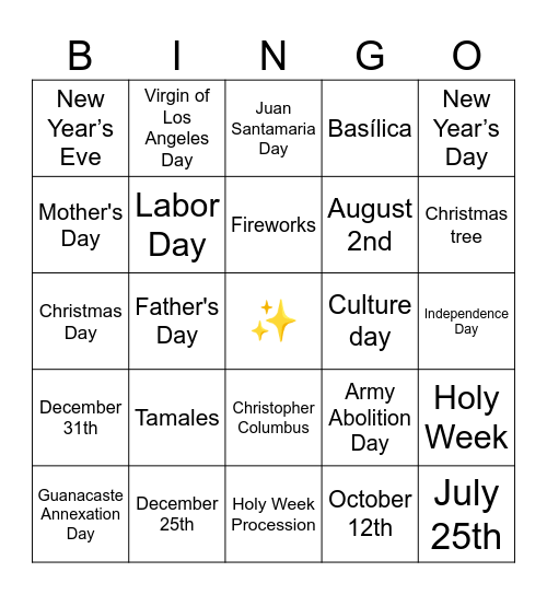 National Holidays Bingo Card