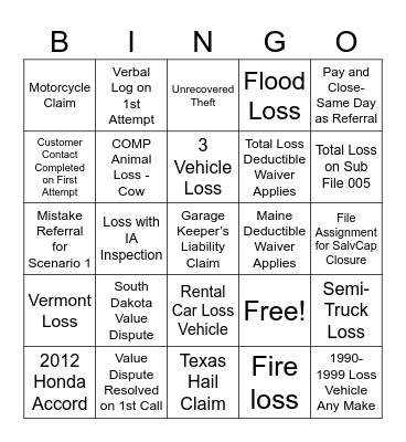 Total Loss/Salvage Bingo Card