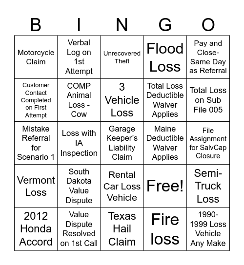 Total Loss/Salvage Bingo Card