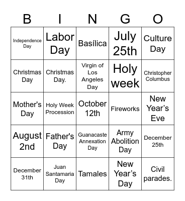 National Holidays Bingo Card