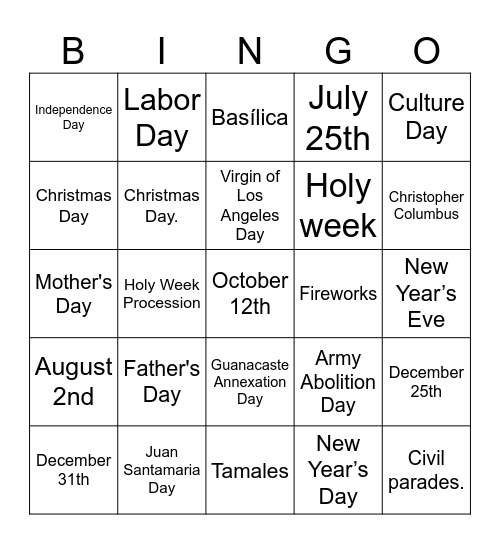 National Holidays Bingo Card