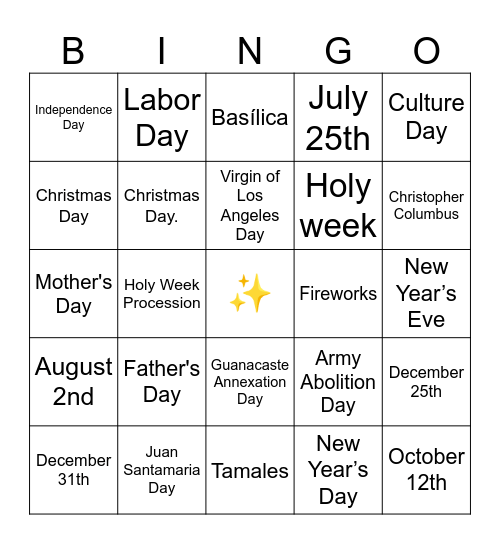 National Holidays Bingo Card