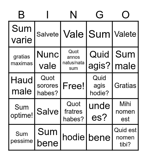 Conversational Latin Bingo Card