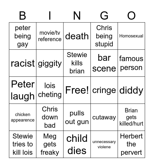 Family Guy Bingo Card