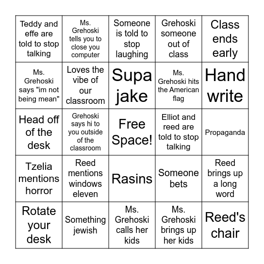 English Class Bingo Card