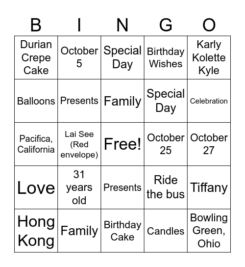 October Birthday Bingo Card