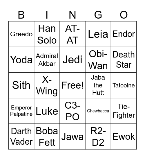 Star Wars Bingo Card