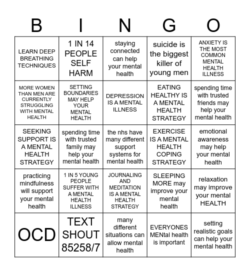 MENTAL HEALTH Bingo Card