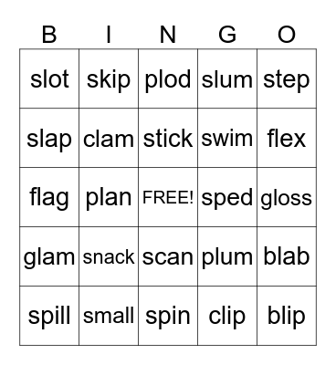 Beginning S and L Blends Bingo Card