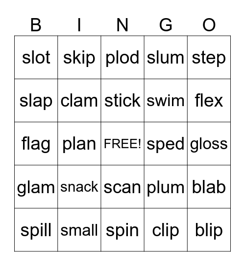 Beginning S and L Blends Bingo Card