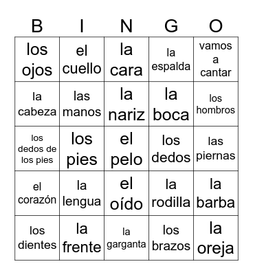 Las partes del cuerpo- Rockalingua Bingo Card