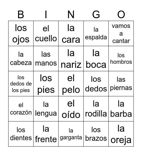 Las partes del cuerpo- Rockalingua Bingo Card