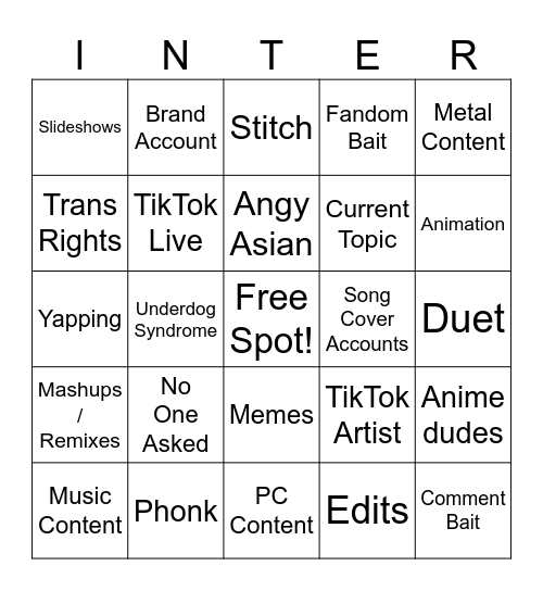 TikTok Bingo V2 Bingo Card