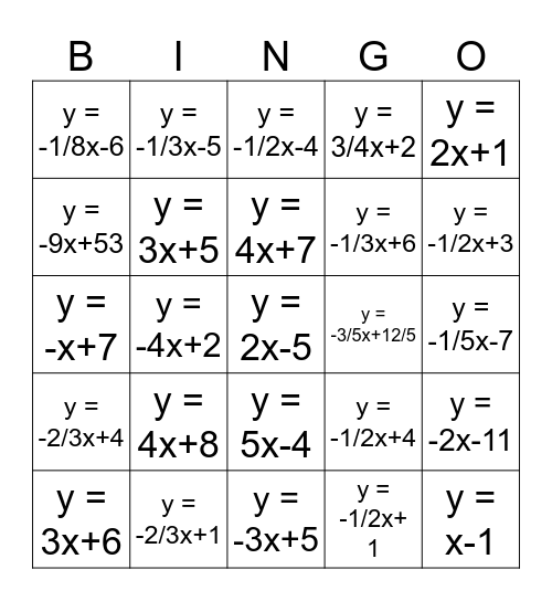 Bingo - Solve for y Bingo Card