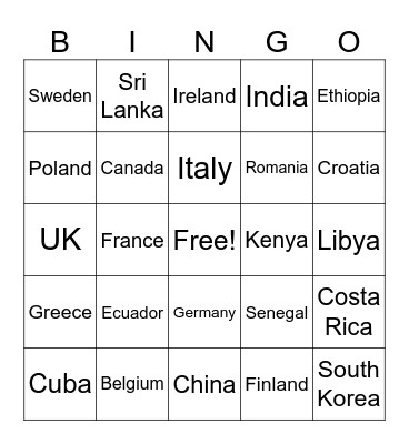 Countries Bingo Card