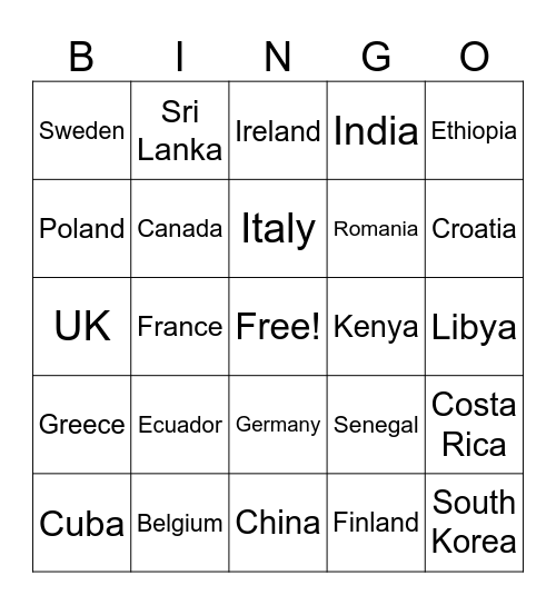 Countries Bingo Card