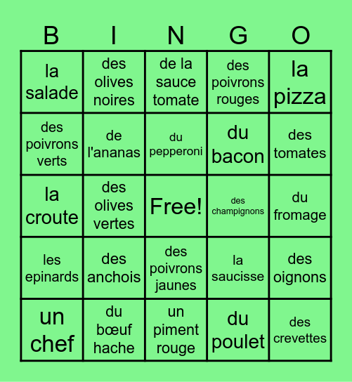 La pizza - Cedar Creek Bingo Card