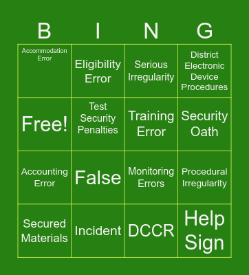 MCJH Test Security Bingo Card