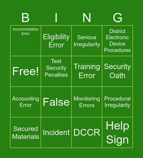 MCJH Test Security Bingo Card