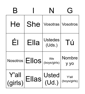 Spanish Subject Pronouns Bingo Card