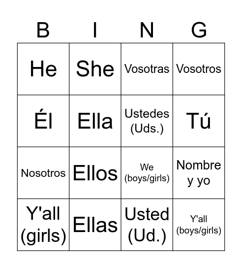 Spanish Subject Pronouns Bingo Card