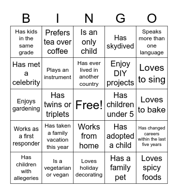 Parent Mixer Bingo Card