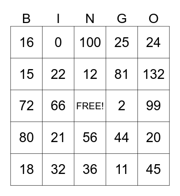 Math Facts Bingo Card