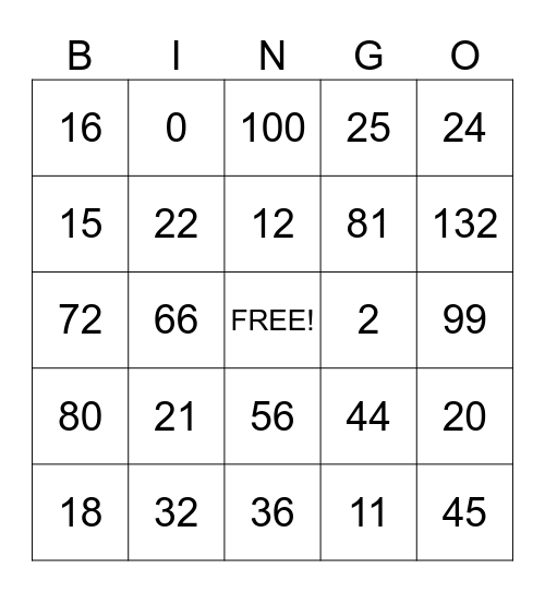 Math Facts Bingo Card