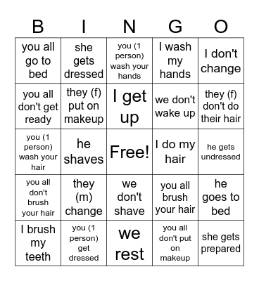 French Reflexive Bingo Card