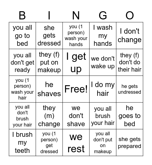 French Reflexive Bingo Card